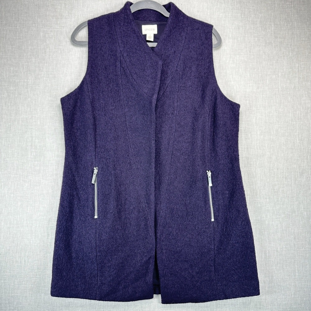 Chico's Wool Vest Tunic Womens 1 Purple Eggplant Zip Pocket Open Front READ